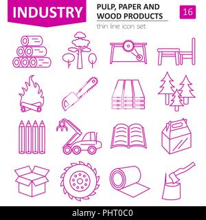 Pulp, paper and wood products icon set. Thin line design isolated on white. Create your industrial infographics collection. Vector illustration Stock Vector