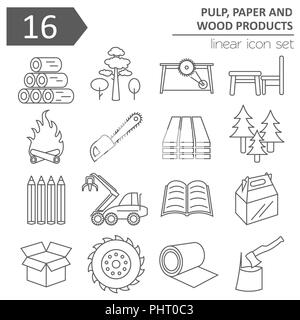 Pulp, paper and wood products icon set. Thin line design isolated on white. Create your industrial infographics collection. Vector illustration Stock Vector