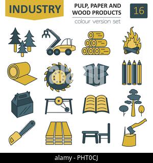 Pulp, paper and wood products icon set. Thin line design isolated on white. Create your industrial infographics collection. Vector illustration Stock Vector