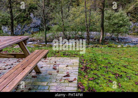 wooden picnic bench and table on the lawn along the mountain stream in autumn Stock Photo