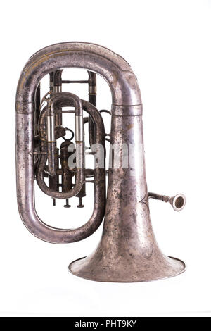 chrome-plated vintage music trumpet, old musical wind instrument isolated on white background, Stock Photo