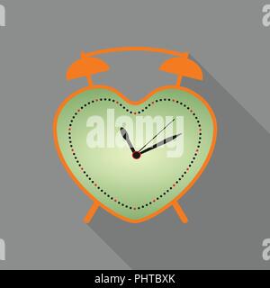 Yellow alarm clock in flat style. Retro icon with long shadow. Clock silhouette. Wake-up time. Vector illustration. Stock Vector