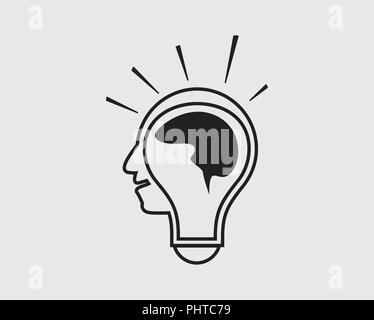 Creative Man line Icon. Human face in Bulb head with human Brain. Stock Vector
