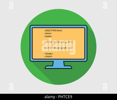 Colorful HTML Icon. HTML code in computer screen. Stock Vector