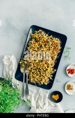 Spicy sprouted lentils with corn served on a black rectangular plate with a spoon and a fork on the side. Fresh herb in a pot, turmeric, cumin and chi Stock Photo