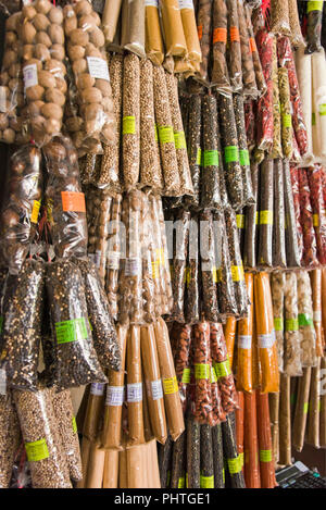 Vertical close up of lots of herbs and spices for sale in Sri Lanka. Stock Photo