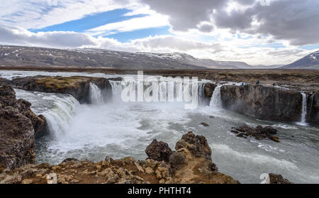 A panorama view of Godafoss waterfall during the day in northeast Iceland Stock Photo