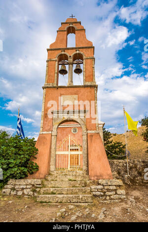 Orthodox church in Old Perithia, Corfu. Old Perithia is a ghost village on the northern side of Corfu. Stock Photo