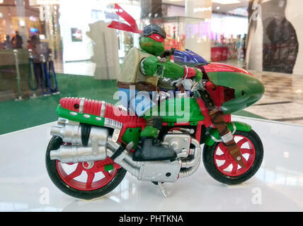 Selected focused of fictional action figure character TEENAGE MUTANT NINJA TURTLE. Displayed by collector on desk for public. Stock Photo