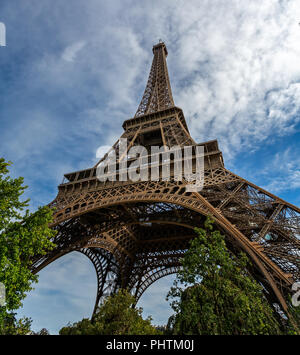 Looking straight up at the Eiffel Tower in Paris, France on 26 August 2018 Stock Photo