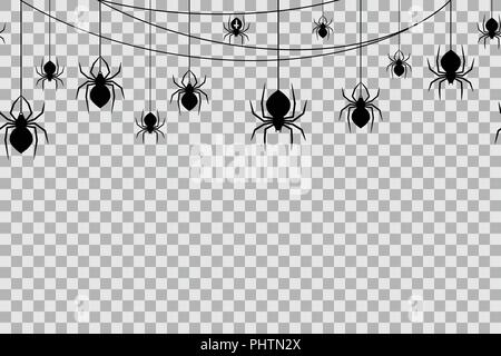 Seamless pattern with spiders for Halloween celebration on transparent background. Vector Illustration. Halloween background with black spiders and spider web. Stock Vector