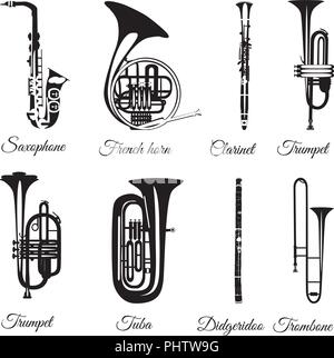 Vector set of black and white wind musical instruments Stock Vector