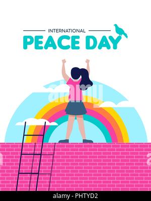 International Peace day illustration, world children freedom concept. Free girl celebrating on rainbow sky background. EPS10 vector. Stock Vector