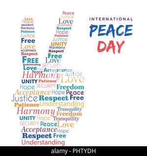 World Peace Day illustration for international freedom and holiday celebration. Hand sign made of peaceful typography quotes. EPS10 vector. Stock Vector
