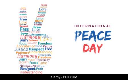 World Peace Day illustration for international freedom and holiday celebration. Hand sign made of peaceful typography quotes. EPS10 vector. Stock Vector