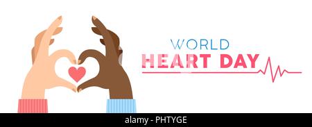 World Heart Day web banner for health care awareness. Human hands making heartshape, love and support concept illustration. EPS10 vector. Stock Vector