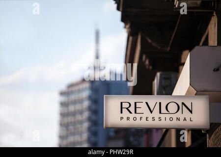 BELGRADE, SERBIA - SEPTEMBER 2, 2018: Logo of Revlon on their local retailer for Serbia. Revlon is an American cosmetics and beauty products spread wo Stock Photo