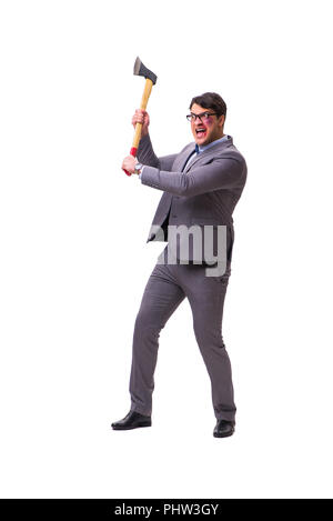 Angry businessman with axe isolated on white Stock Photo