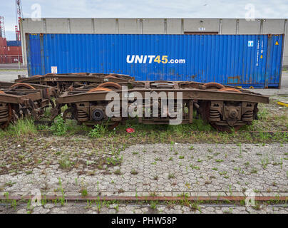 Old Train Bogies taken from dismantled Trains on tracks at Container Port in Amsterdam, The Netherlands. Stock Photo