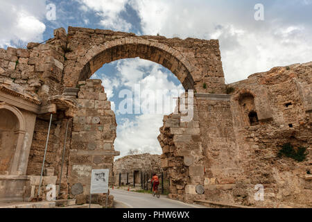 The historic Vespasian Gate from the Roman era in Side, Turkey. Stock Photo