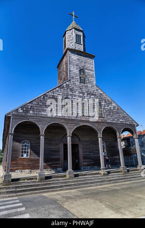 Wooden church of Santa Maria de Loreto, Achao island near Chiloe, Los Lagos region, Chile Stock Photo