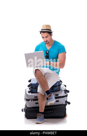 Freelancer working on the go isolated on white Stock Photo