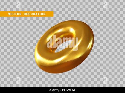 Torus, simple 3d shape isolated on transparent background. Volumetric round ring golden color Stock Vector