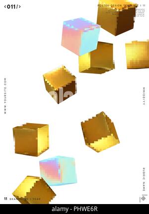Minimal background with 3d geometric shapes golden and multi-colored squares cube Stock Vector
