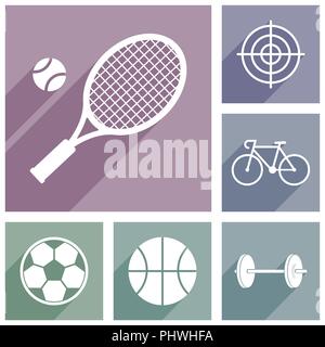 Flat design pastel sport vector icons in eps 10, tennis, darts, football, basketball, cycling, bodybuilding symbols. Stock Vector