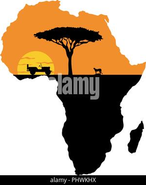 Cheetah and car on the background of the setting sun and the map of Africa Stock Vector