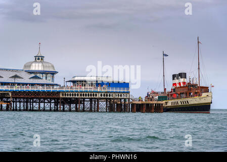 llandudno North Wales. Worlds last seagoing paddle steamer The Waverley. Berthed at the Victorian Pier. Stock Photo