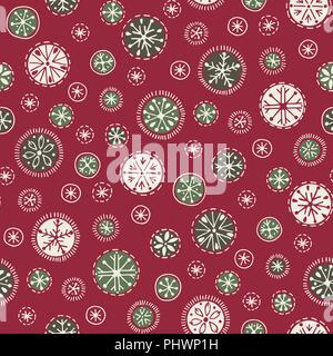 Hand drawn abstract Christmas white and green Christmas snowflakes on red background vector seamless pattern. Winter Holiday Scandinavian Nordic. Yule Stock Vector