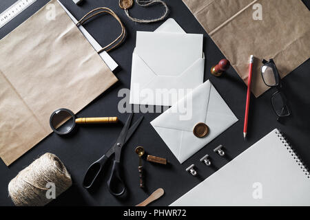 Photo of vintage stationery set on white paper background. Blank ID  template. Mock up for branding identity Stock Photo - Alamy