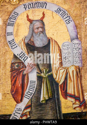 Medieval Painting in the Church of Valencia, Spain, depicting Moses and the Stone Tablets with the Ten Commandments Stock Photo