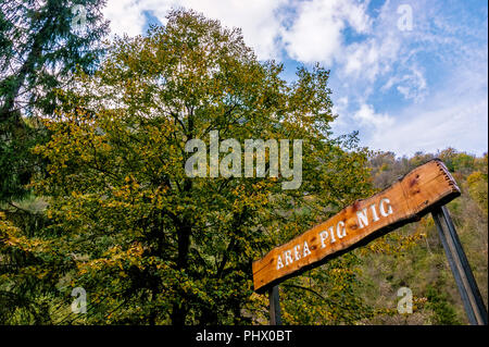Signage picnic area among the trees in the mountains in autumn Stock Photo