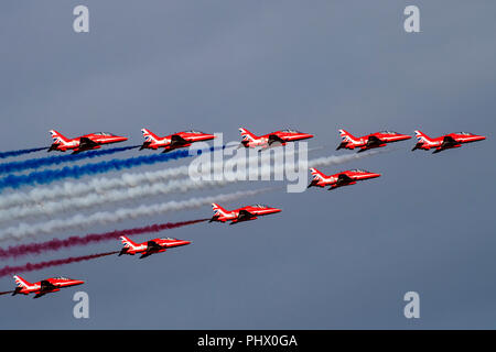 Red Arrows Display at Bournemouth Air Festival, Dorset, UK Stock Photo