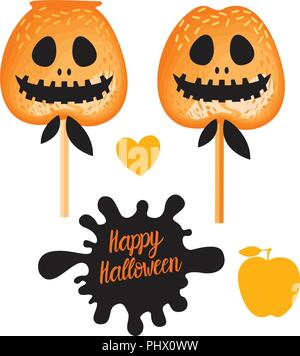 Apple with caramel Sweet candy on sticks. Happy Halloween dessert. Vector illustration on white background. Stock Vector