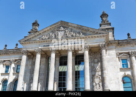 Closeup view of famous Reichstag building, seat of the German Parliament. Berlin Mitte district, Germany. Stock Photo