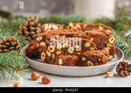 Italian Christmas dessert panforte with nuts, chocolate and candied fruits. Christmas background, Christmas dessert concept. Stock Photo