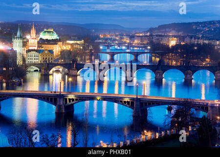 Prague bridges and Moldau river from Letna orchards, Lesser Town, Prague, Czech republuc. Night view. Stock Photo