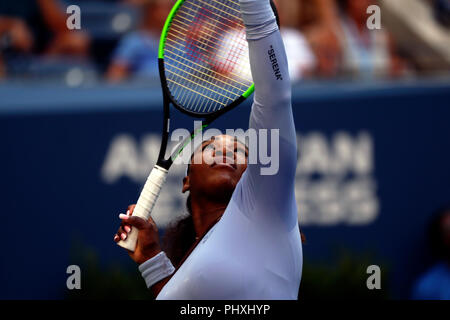 New York, United States. 02nd Sep, 2018. Flushing Meadows, New York - September 2, 2018: US Open Tennis: Serena Williams serving to Kala Kanepi of Estonia during their fourth round match at the US Open in Flushing Meadows, New York. Williams won in three sets. Credit: Adam Stoltman/Alamy Live News Stock Photo