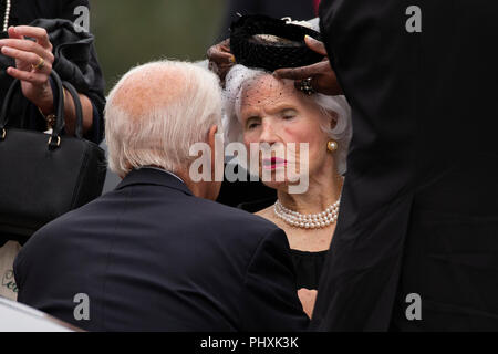 Washington, United States Of America. 01st Sep, 2018. Former United States Vice President Joe Biden speaks with the mother of late US Senator John McCain (Republican of Arizona) Roberta McCain prior to a funeral service for the Senator at the Washington National Cathedral in Washington, DC on September 1, 2018. Credit: Alex Edelman/CNP | usage worldwide Credit: dpa/Alamy Live News Stock Photo