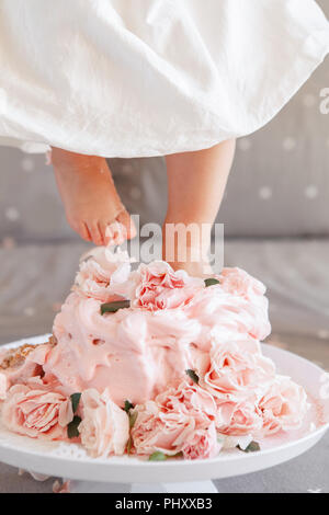 Closeup shot image of  baby girl legs feet stepping in cake during her birthday celebration. Cake-smash first year concept Stock Photo