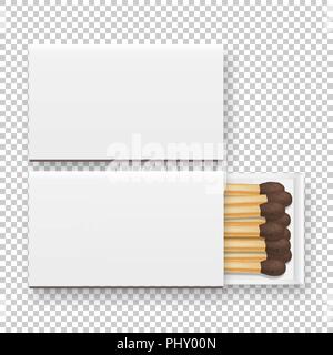 Vector 3d realistic closed and opened blank box of matches with brownheads icon set, closeup isolated on transparency grid background, top view, white heads. Design template, clipart for graphics Stock Vector