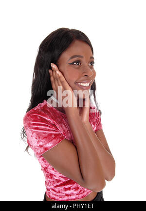 Happy exited young African American woman Stock Photo
