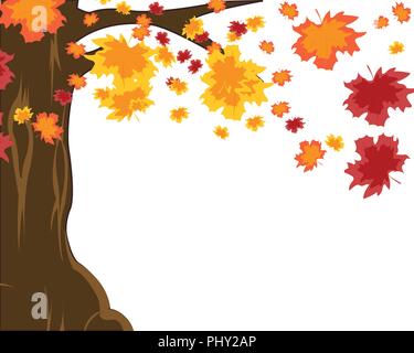 Autumn tree and falling foliage on white background Stock Vector