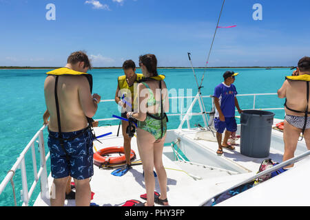 Cozumel, Mexico - May 04, 2018: The people at snorkeling underwater and fishing tour by boat at the Caribbean Sea Stock Photo