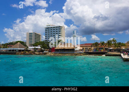 Cozumel, Mexico - May 04, 2018: The coastline and port with blue caribbean water at Cozumel, Mexico Stock Photo