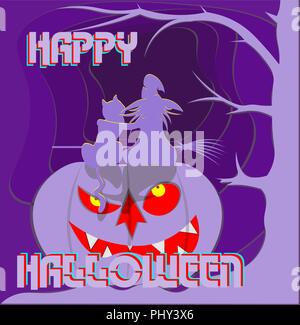 witch with a cat on a pumpkin in front of the portal happy halloween creative logo, art postcard Stock Vector