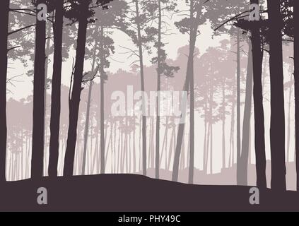 Vector illustration of a winter coniferous forest with pine trees in retro color, under a gray sky with space for text - multiple layers Stock Vector